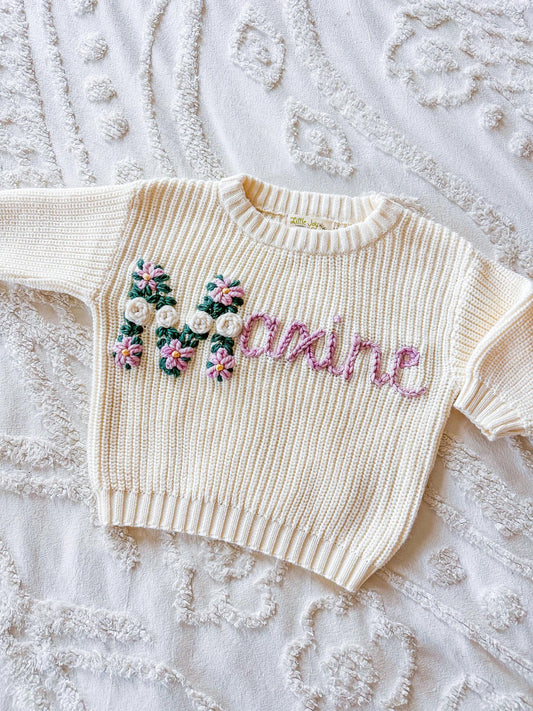 Embroidered Name Sweater with Floral Letter