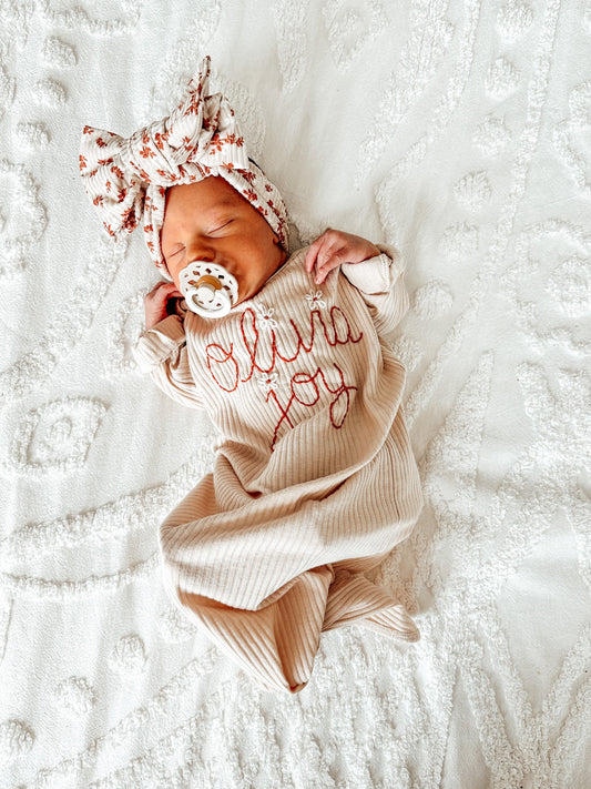 Baby Knotted Gown - Embroidered Birth Announcement