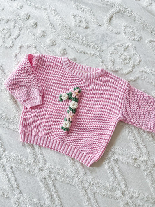 Personalized floral birthday number sweater, floral number sweater, baby and toddler chunky knit, customizable sweater