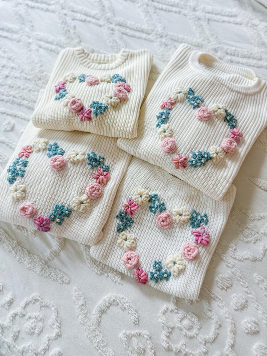 Floral hearts sweater, mama and mini matching sweaters, baby, toddler and kid chunky knit