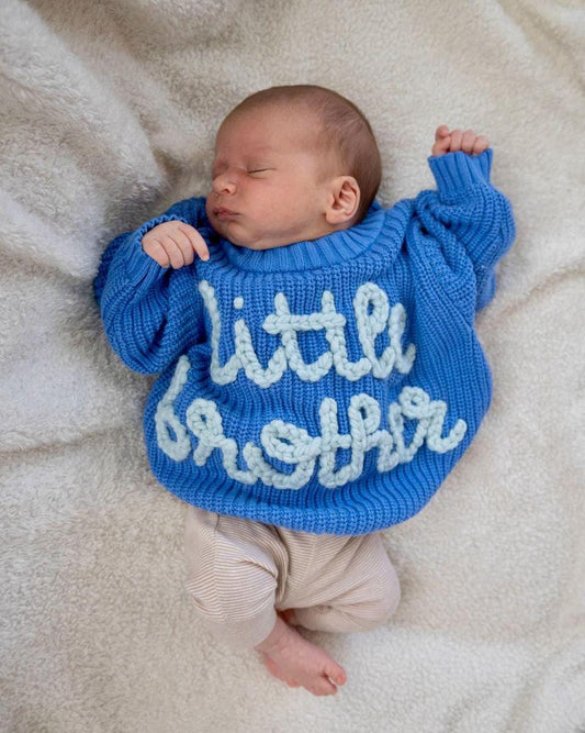 Cobalt blue personalized embroidered sweater, baby and kid chunky knit