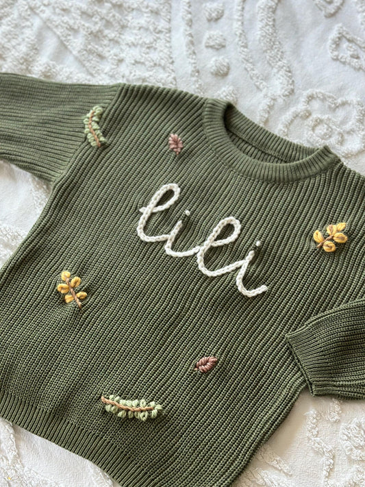 Forest green personalized embroidered sweater, baby and kid chunky knit