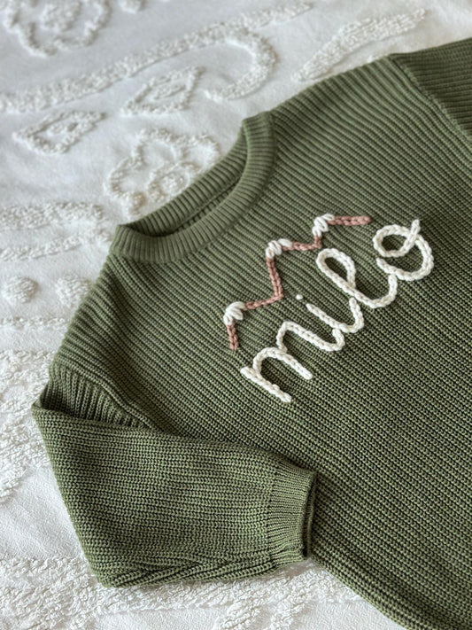Forest green personalized embroidered sweater, baby and kid chunky knit