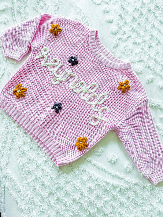 Peony pink personalized embroidered sweater, baby and kid chunky knit