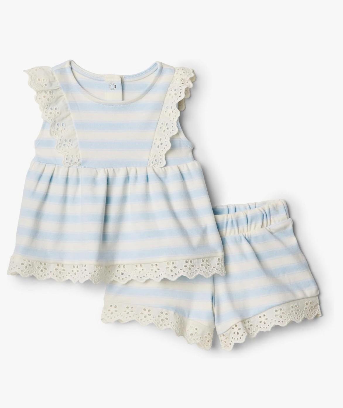 American Flag Bow Embroidered Set - Girl Ruffle Shirt and Shorts