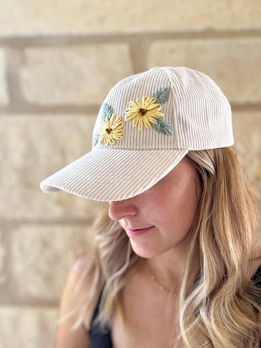Embroidered women’s hat - hand embroidered - girls hat - corduroy hat