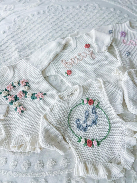 Embroidered Ruffle Knit Baby Onesie, Custom Baby Girl Gift