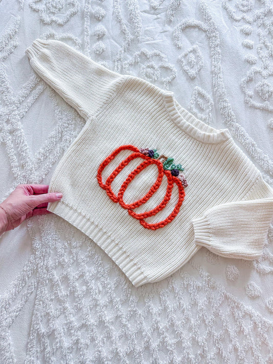 Pumpkin Hand-Embroidered Heavy Knit Sweater
