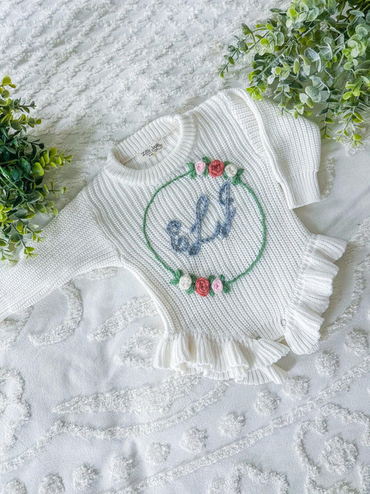 Embroidered Ruffle Knit Baby Onesie, Custom Baby Girl Gift