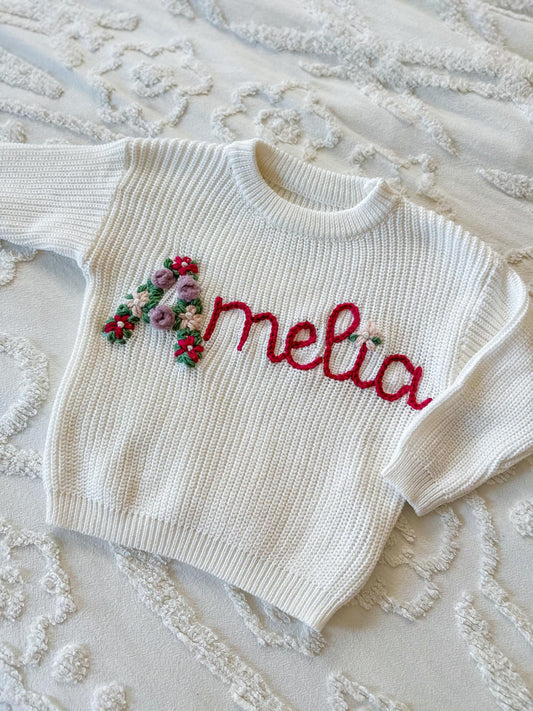 Embroidered Name Sweater with Floral Letter