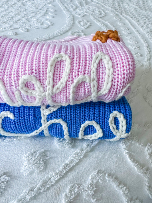 Peony pink personalized embroidered sweater, baby and kid chunky knit