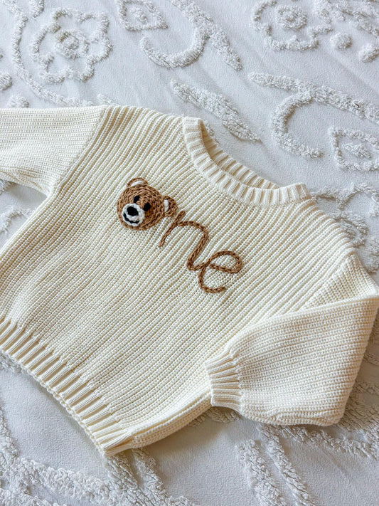 White birthday personalized embroidered sweater, baby and kid chunky knit, custom design