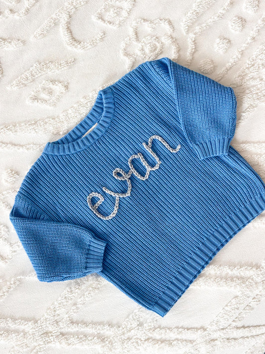 Cobalt blue personalized embroidered sweater, baby and kid chunky knit