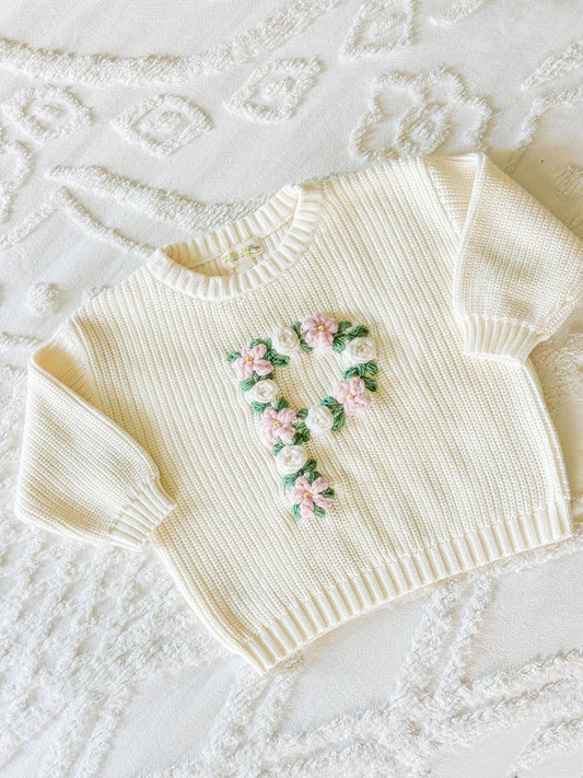 Personalized floral letter embroidered sweater, floral initial sweater, baby and toddler chunky knit, customizable sweater
