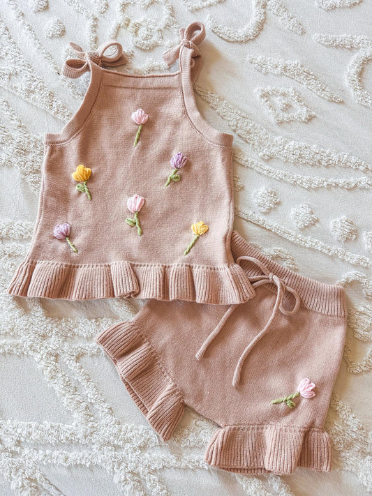 Summer Floral Embroidered Sets - Tank and Shorts set - baby, toddler knit