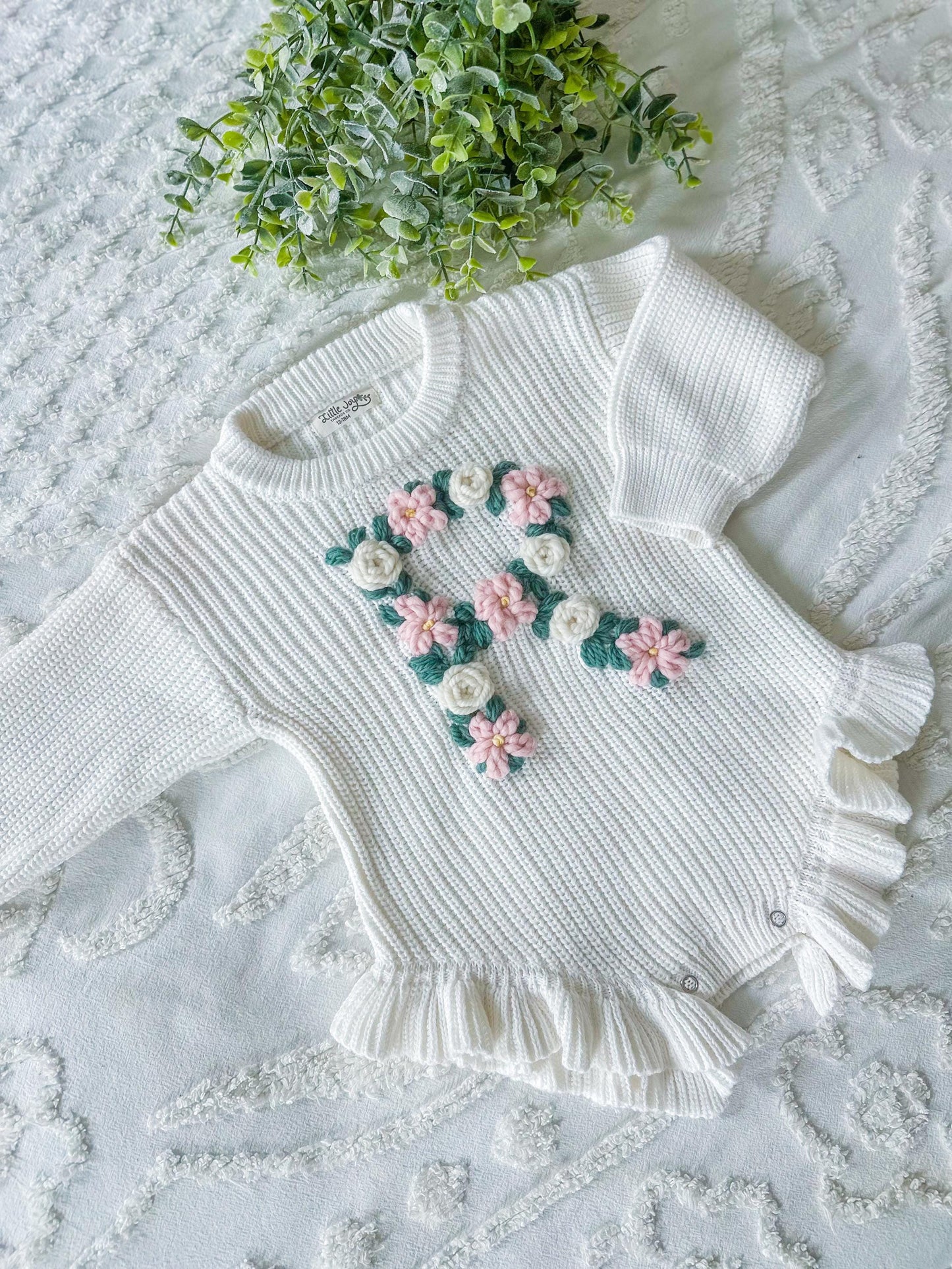 Embroidered Ruffle Knit Baby Onesie, Custom Baby Girl Gift