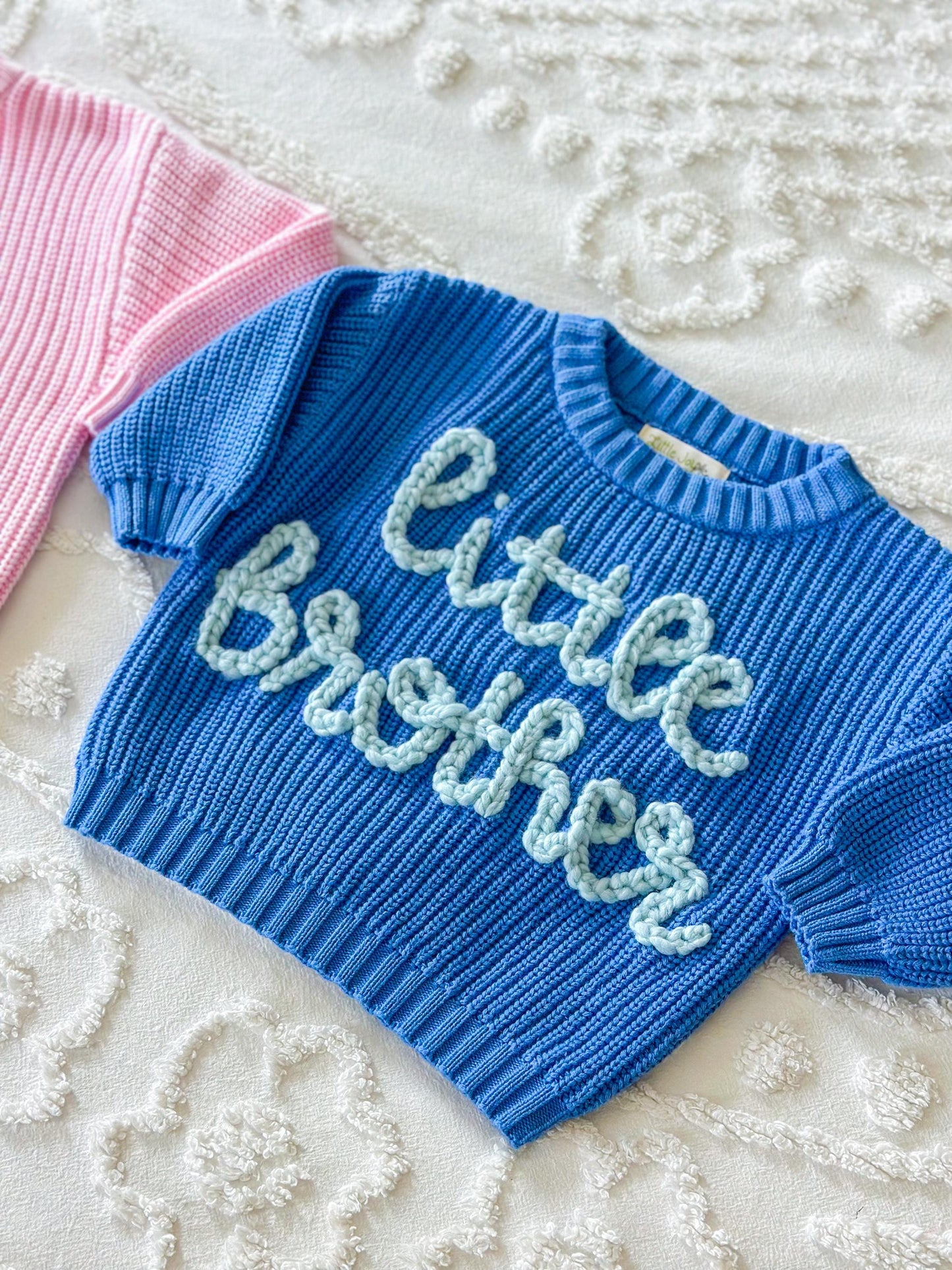 Sibling embroidered sweater, baby and toddler letter sweater, baby announcement sweater