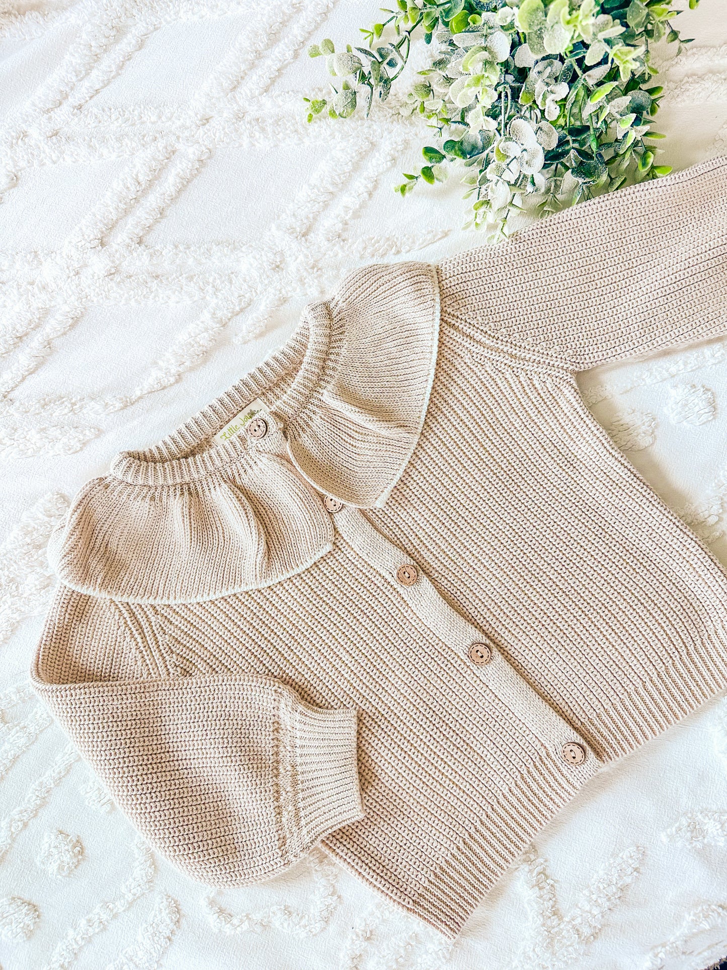 Custom Almond Ruffle Collar Cardigan - Hand Embroidered Heavy Knit - Toddler and Baby Knit Sweater - Girl Sweater