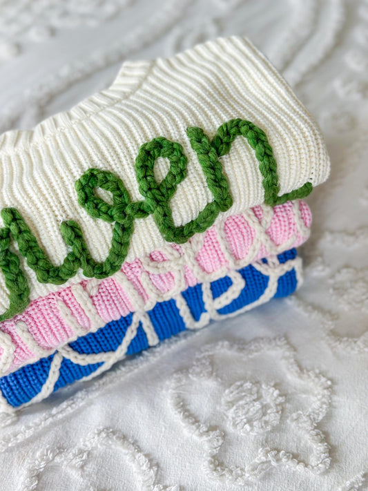 Pearl white personalized embroidered sweater, baby and kid chunky knit