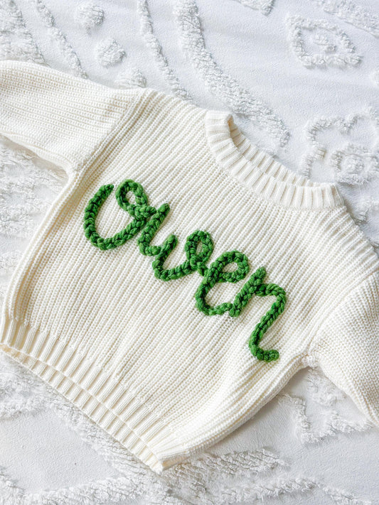 Pearl white personalized embroidered sweater, baby and kid chunky knit
