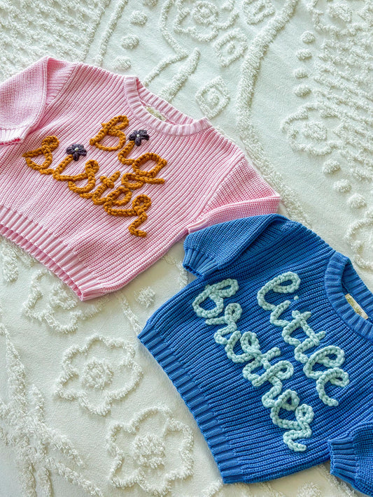 Sibling embroidered sweater, baby and toddler letter sweater, baby announcement sweater