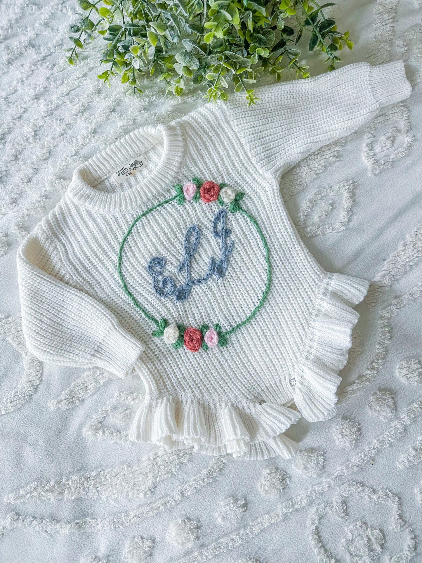 Embroidered Ruffle Knit Baby Onesie, Custom Baby Girl Gift