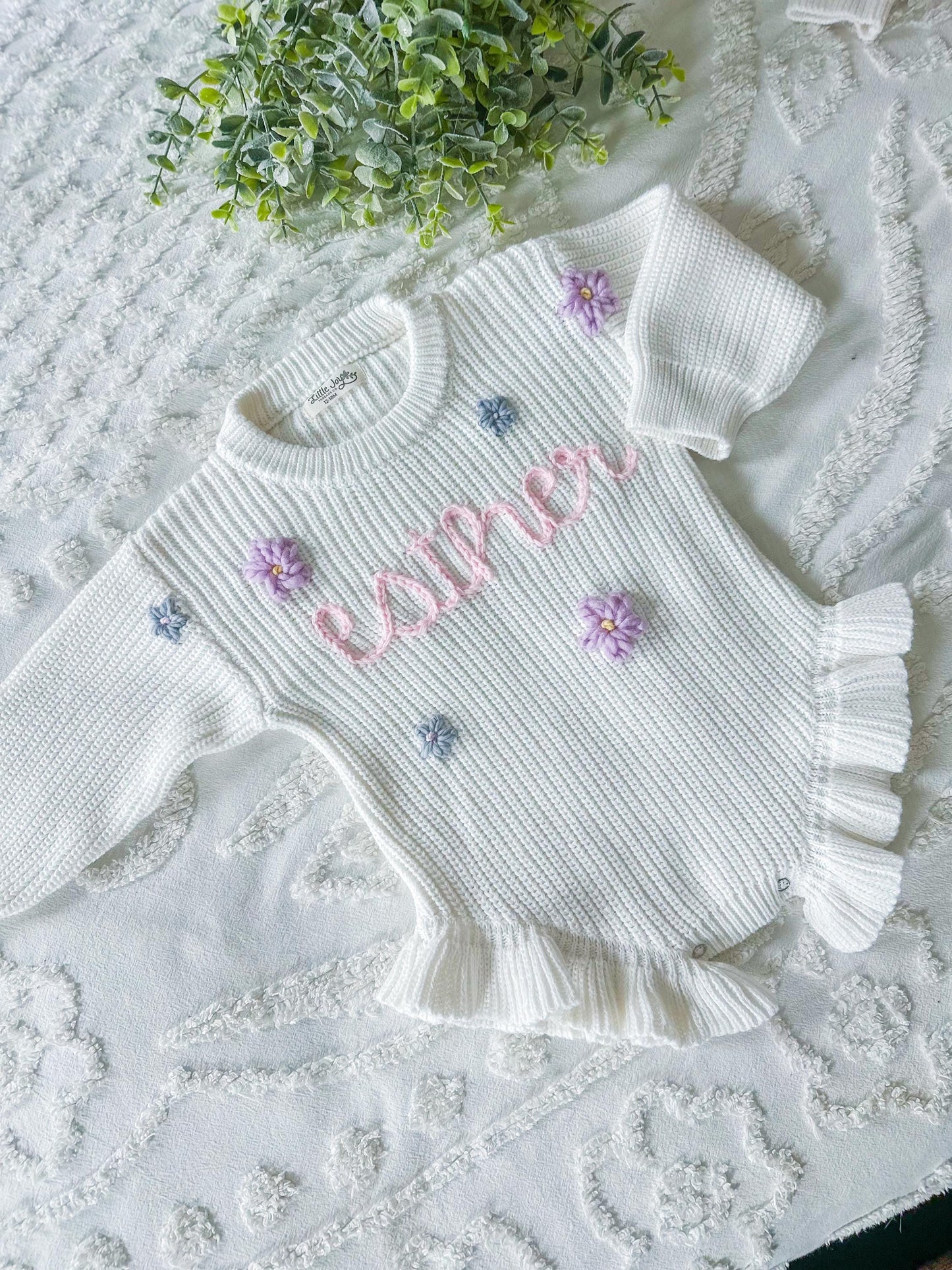 Embroidered Ruffle Knit Baby Onesie, Custom Baby Girl Gift