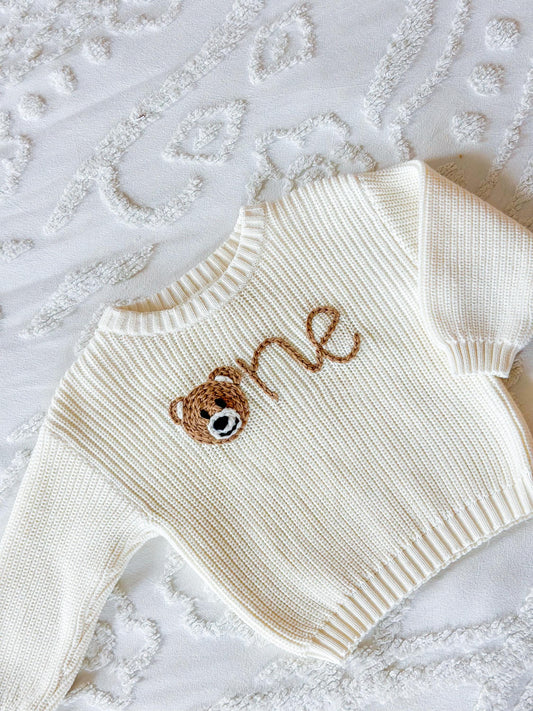 White birthday personalized embroidered sweater, baby and kid chunky knit, custom design