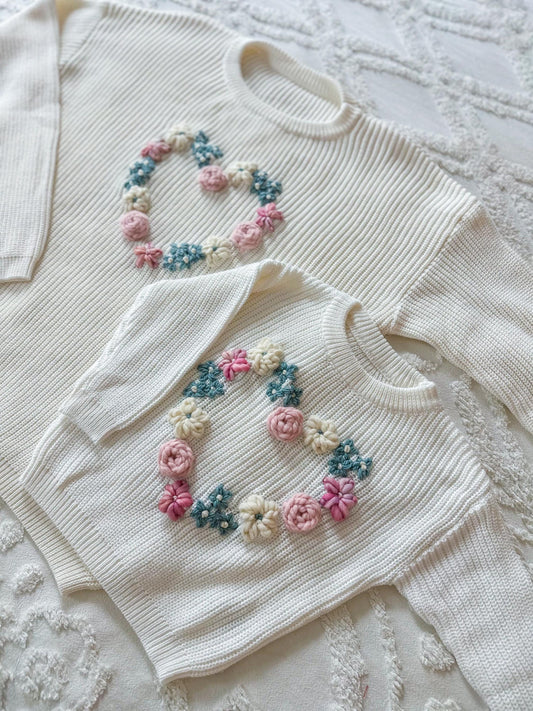 Floral hearts sweater, mama and mini matching sweaters, baby, toddler and kid chunky knit
