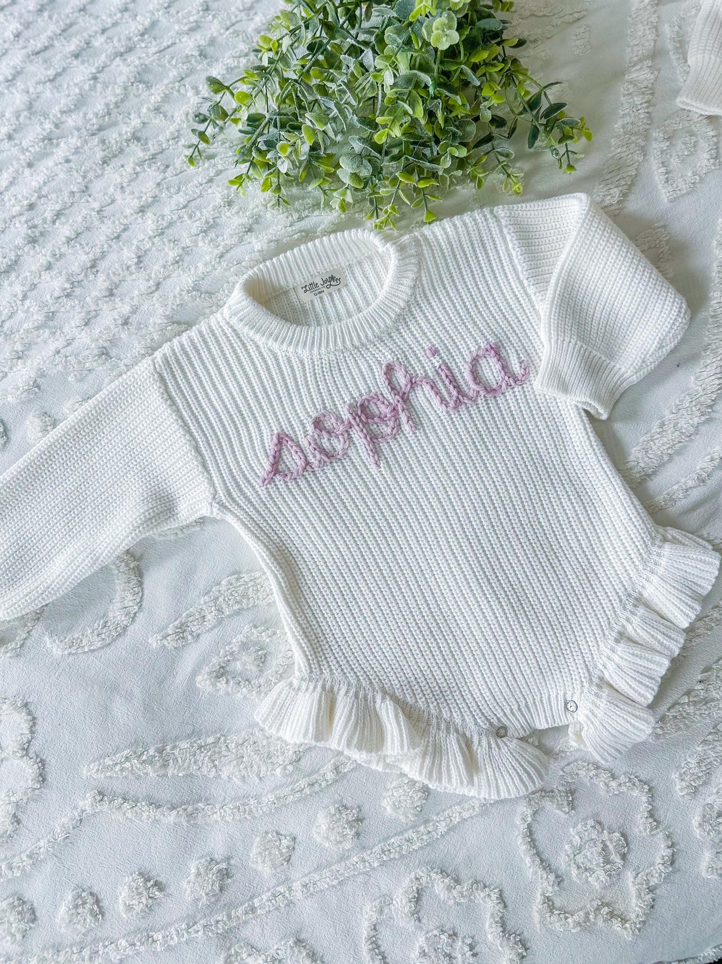 Embroidered Ruffle Knit Baby Onesie, Custom Baby Girl Gift