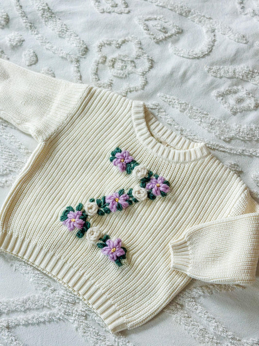 Personalized floral letter embroidered sweater, floral initial sweater, baby and toddler chunky knit, customizable sweater