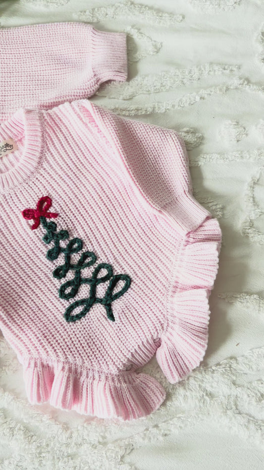 Christmas Ribbon Tree Embroidered Ruffle Knit Baby Onesie, Custom Baby Girl Gift