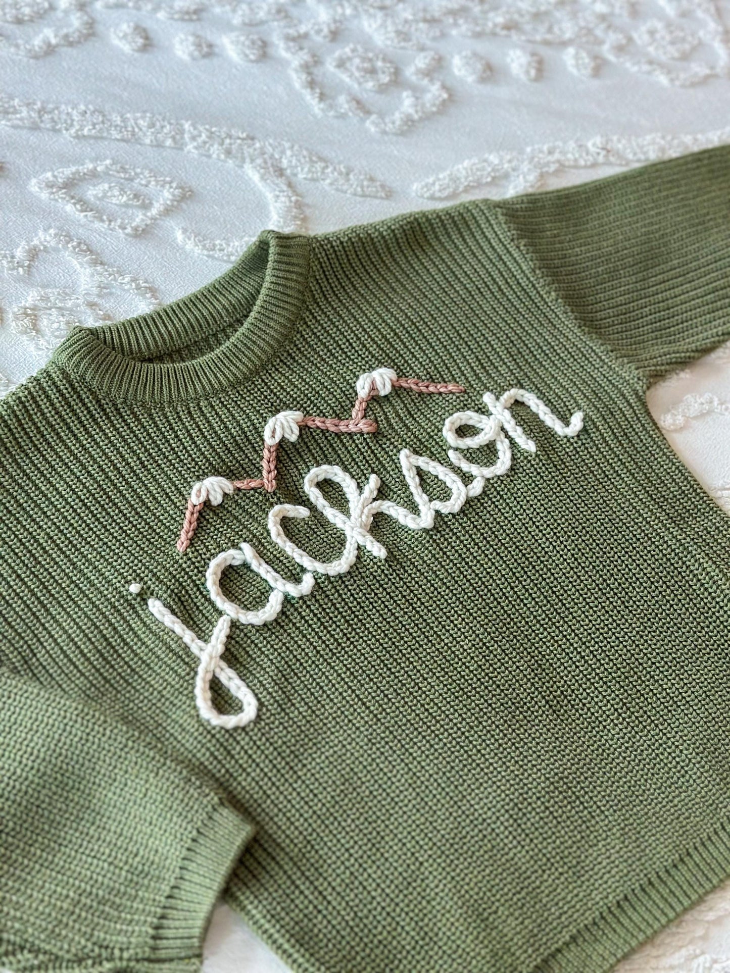 Forest green personalized embroidered sweater, baby and kid chunky knit