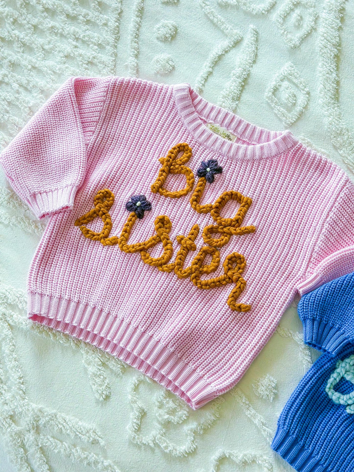 Sibling embroidered sweater, baby and toddler letter sweater, baby announcement sweater