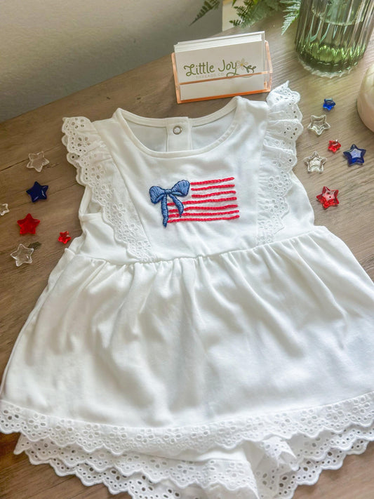 American Flag Bow Embroidered Set - Girl Ruffle Shirt and Shorts