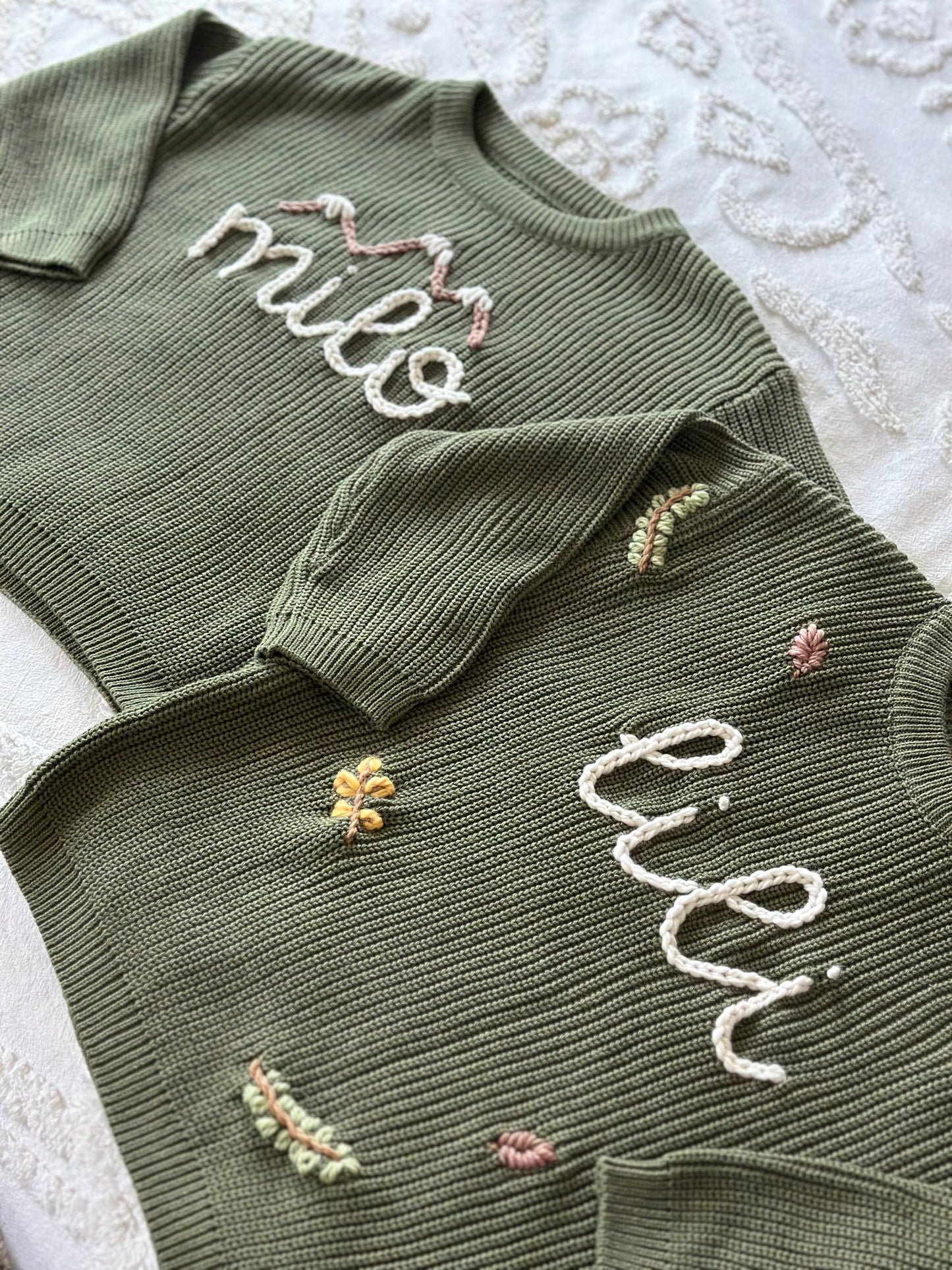 Forest green personalized embroidered sweater, baby and kid chunky knit