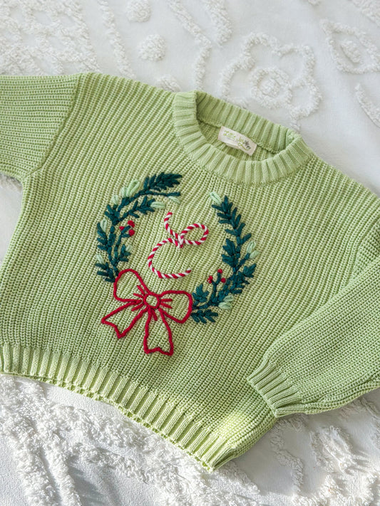 Christmas Wreath Custom Embroidered Monogram Heavy Knit Sweater