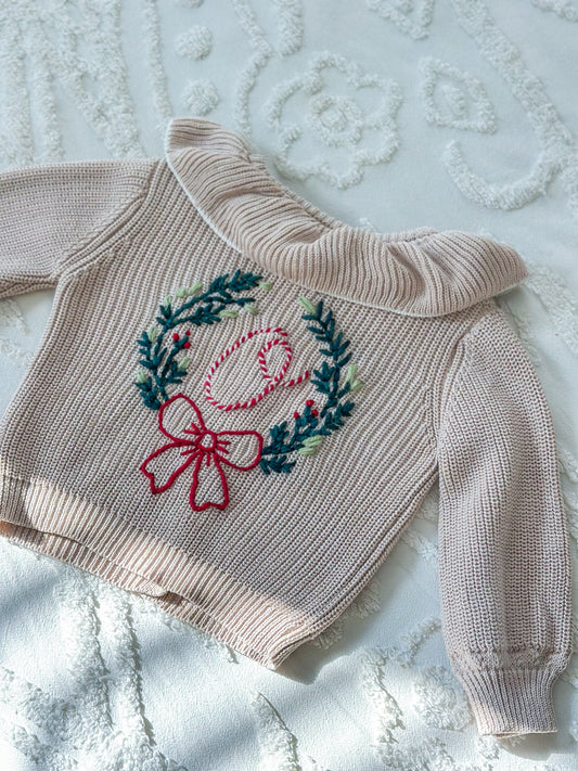 Christmas Wreath Custom Embroidered Monogram Heavy Knit Sweater
