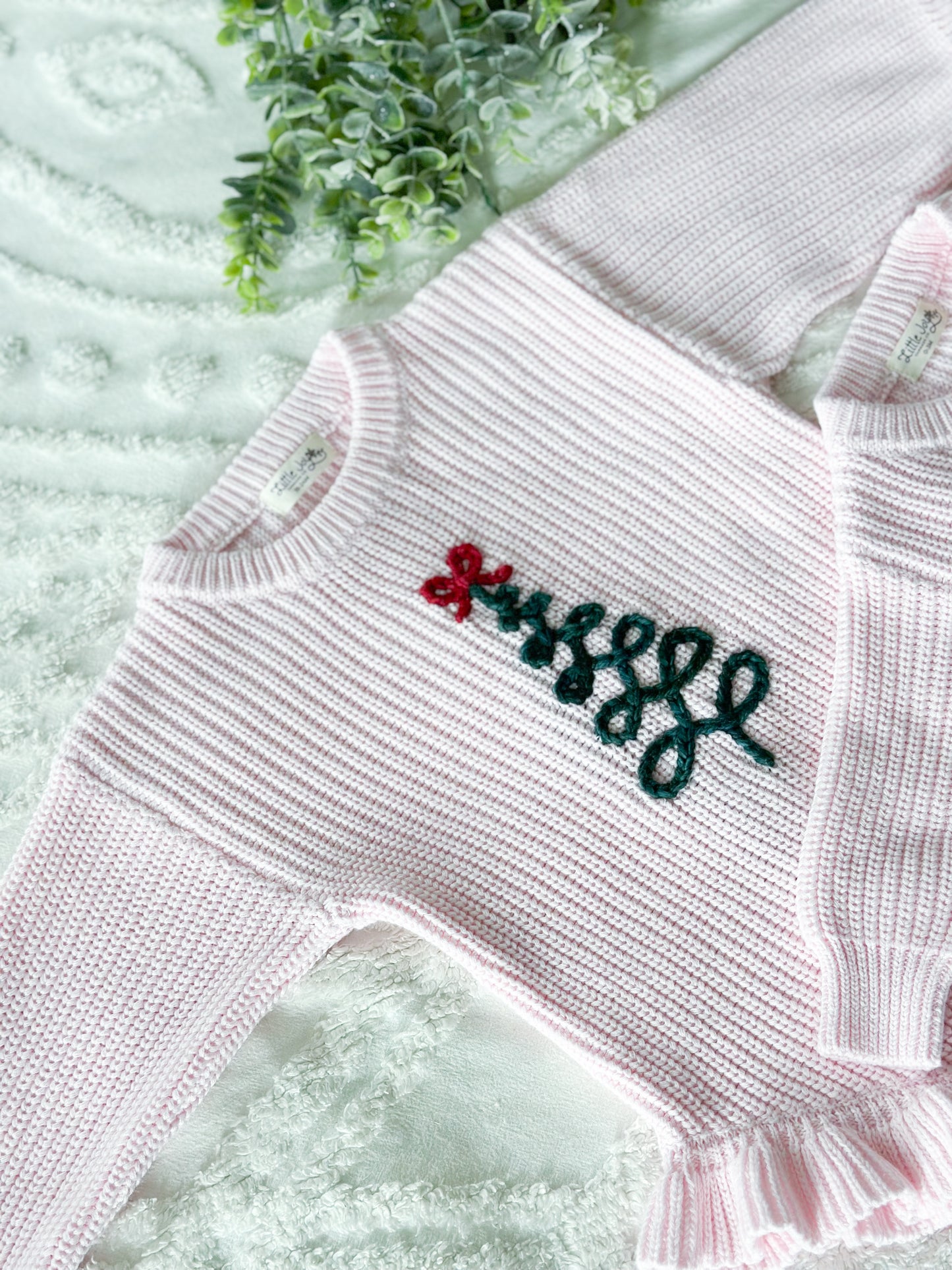 Christmas Ribbon Tree Embroidered Ruffle Knit Baby Onesie, Custom Baby Girl Gift
