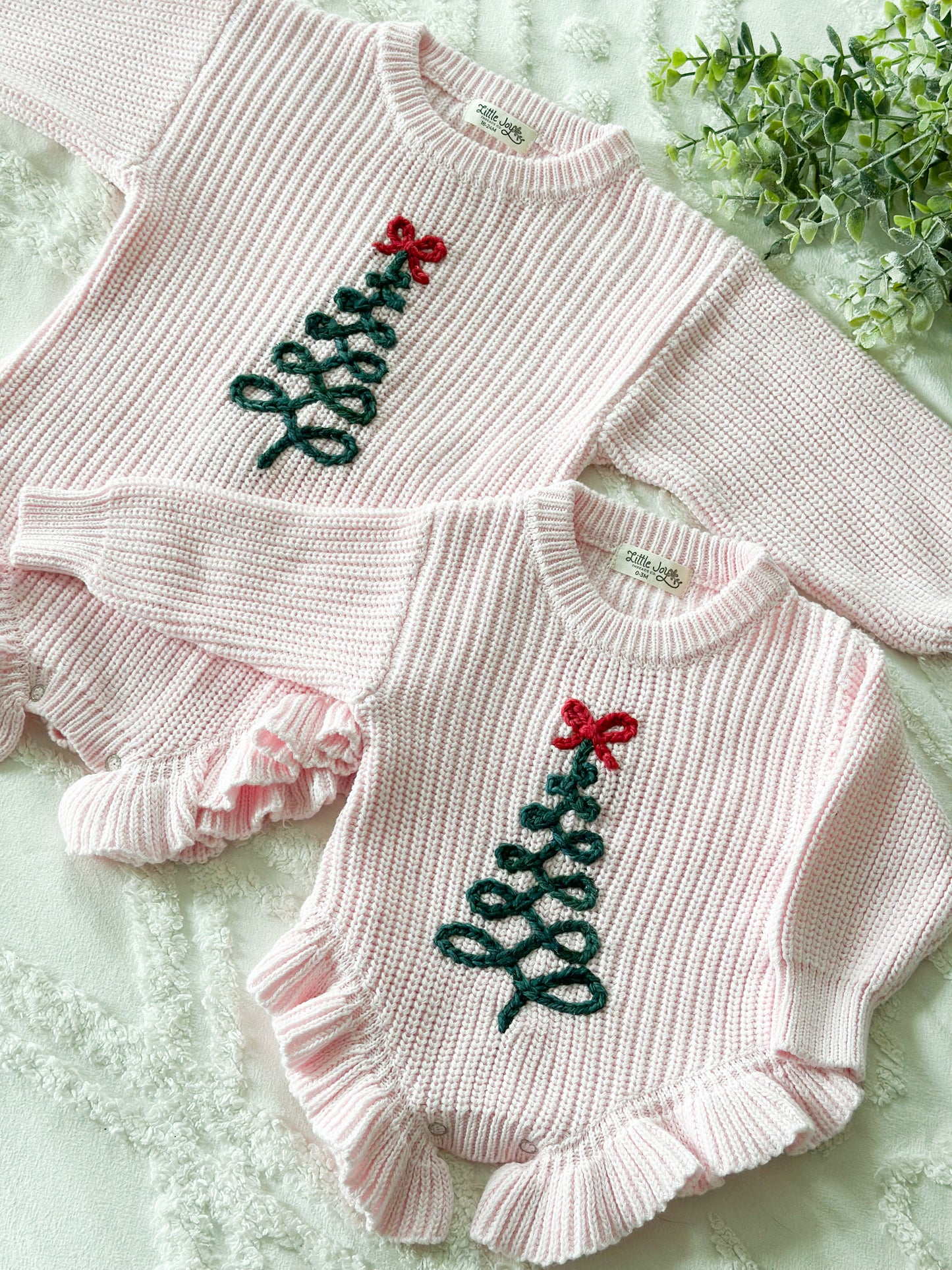 Christmas Ribbon Tree Embroidered Ruffle Knit Baby Onesie, Custom Baby Girl Gift