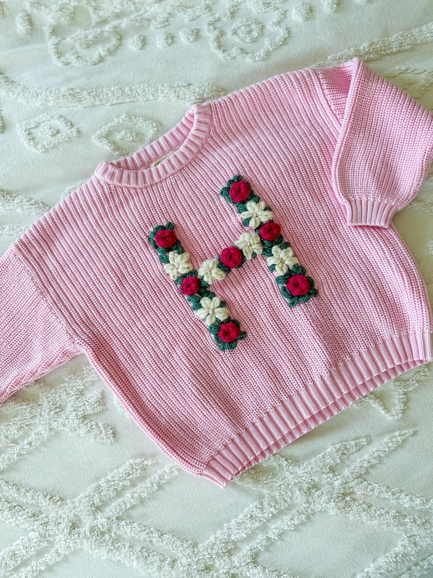Personalized floral letter embroidered sweater, floral initial sweater, baby and toddler chunky knit, customizable sweater