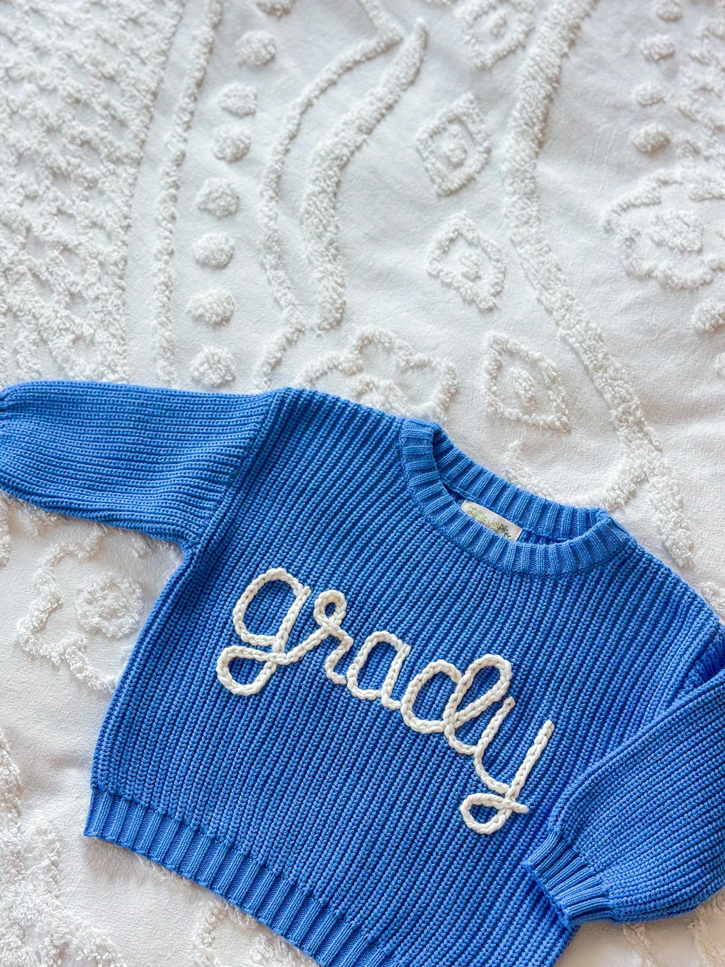 Cobalt blue personalized embroidered sweater, baby and kid chunky knit
