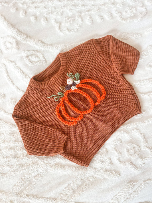 Autumn Pumpkin Sweater Hand Embroidered Chunky Knit Girl Boy Sweater  Baby Fall Outfit