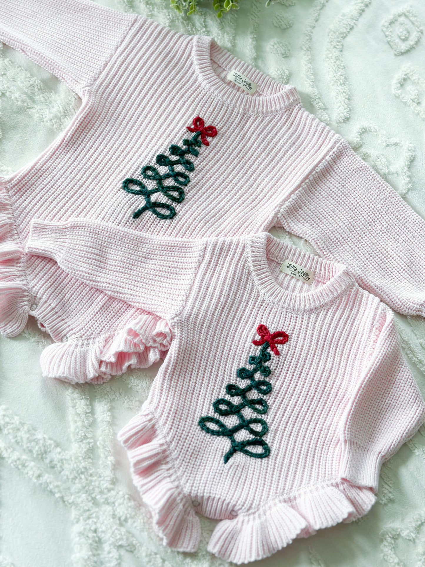 Christmas Ribbon Tree Embroidered Ruffle Knit Baby Onesie, Custom Baby Girl Gift