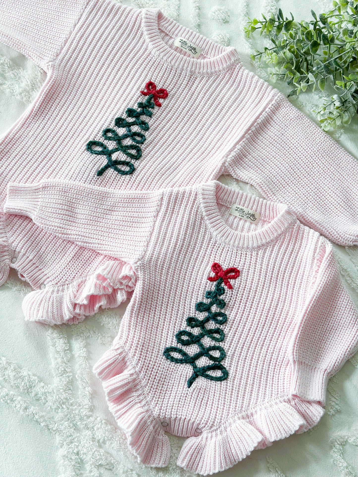 Christmas Ribbon Tree Embroidered Ruffle Knit Baby Onesie, Custom Baby Girl Gift