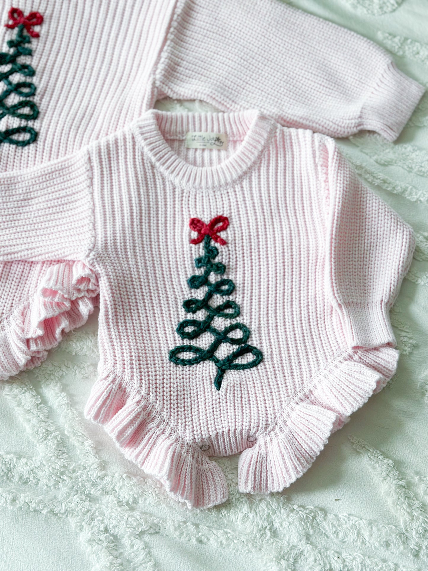 Christmas Ribbon Tree Embroidered Ruffle Knit Baby Onesie, Custom Baby Girl Gift