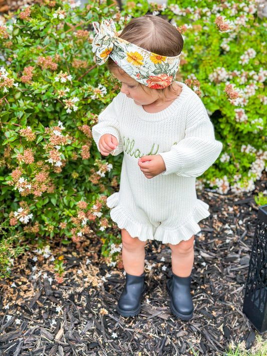 Embroidered Baby Ruffle Romper - Custom Name Heavy Knit - Baby Gift