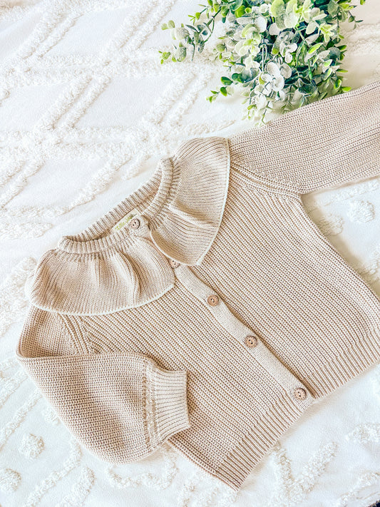 Custom Almond Ruffle Collar Cardigan - Hand Embroidered Heavy Knit - Toddler and Baby Knit Sweater - Girl Sweater