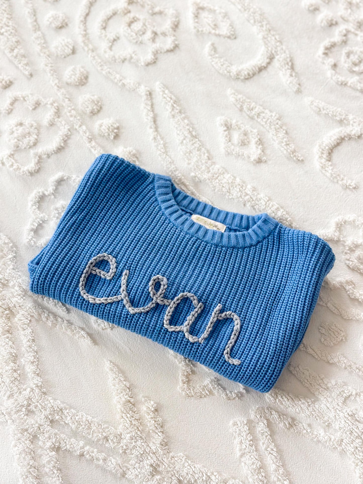 Cobalt blue personalized embroidered sweater, baby and kid chunky knit