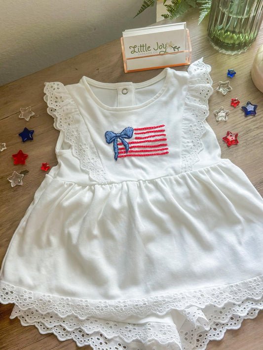 American Flag Bow Embroidered Set - Girl Ruffle Shirt and Shorts
